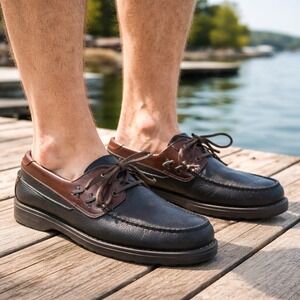Bass Investor Boat Shoes Leather Moc Toe Brown Black Men's 8.5M Camp Moc Casual